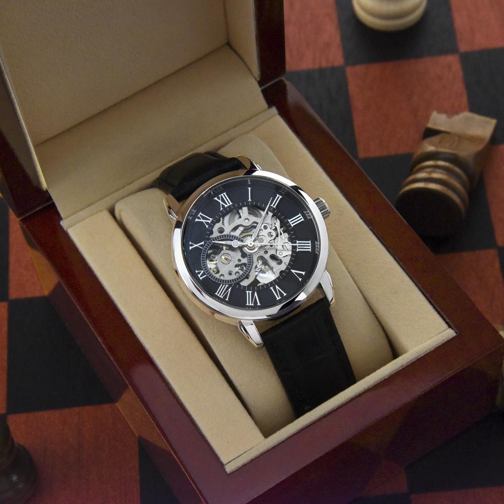 To My Son - I wish you the strength to face challenges Men's Openwork Watch with Mahogany Box - Template
