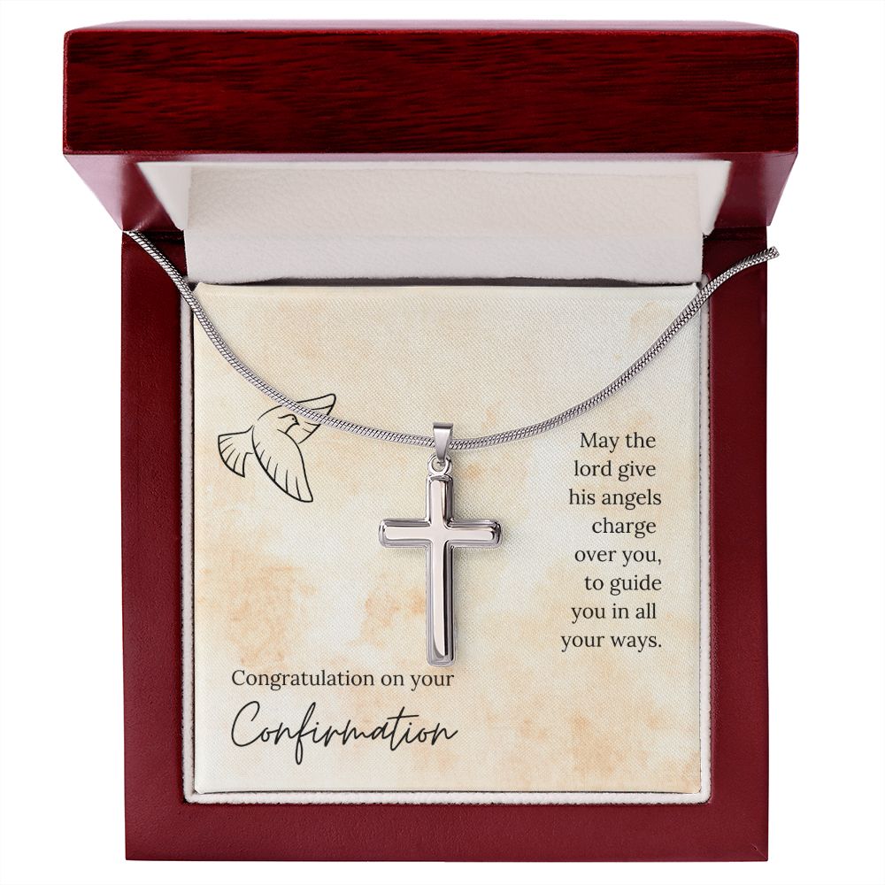 CONFIRMATION-HIS ANGELS CHARGE OVER YOU -STAINLESS STEEL CROSS NECKLACE