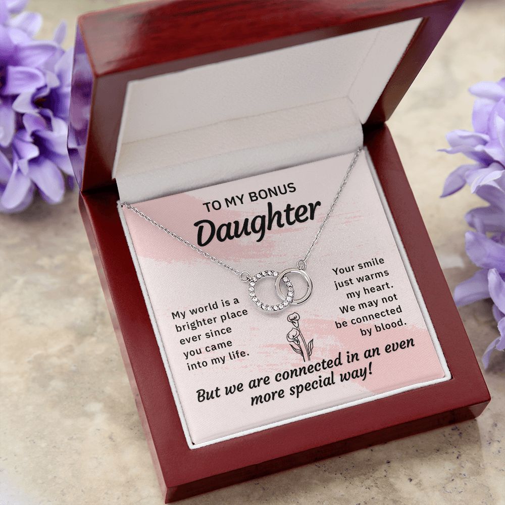 TO MY BONUS DAUGHTER-MY WORLD IS A BRIGHTER PLACE - PERFECT PAIR NECKLACE