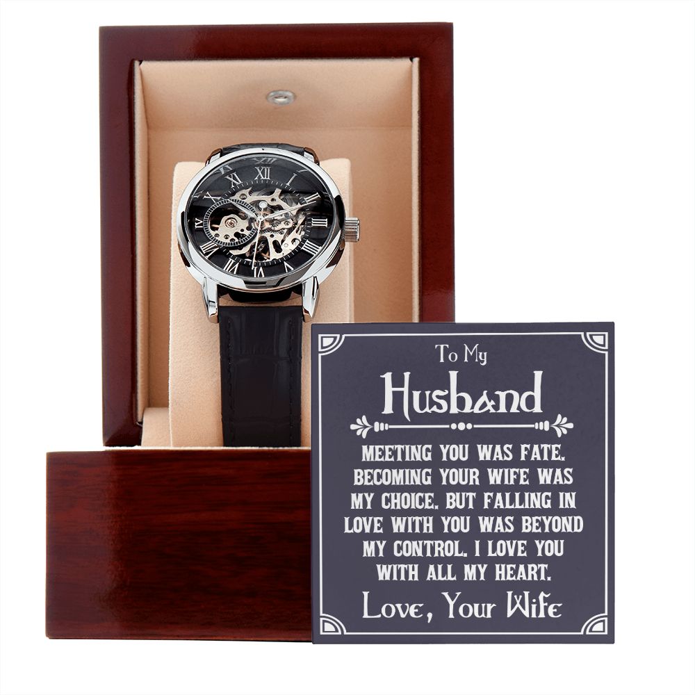 To My Husband - Meeting you was fate -Men's Openwork Watch with Mahogany Box - Template