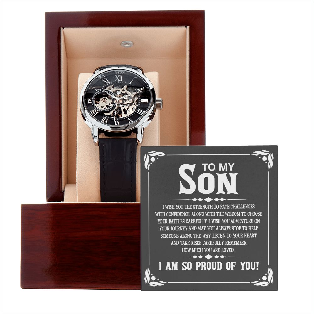 To My Son - I wish you the strength to face challenges Men's Openwork Watch with Mahogany Box - Template
