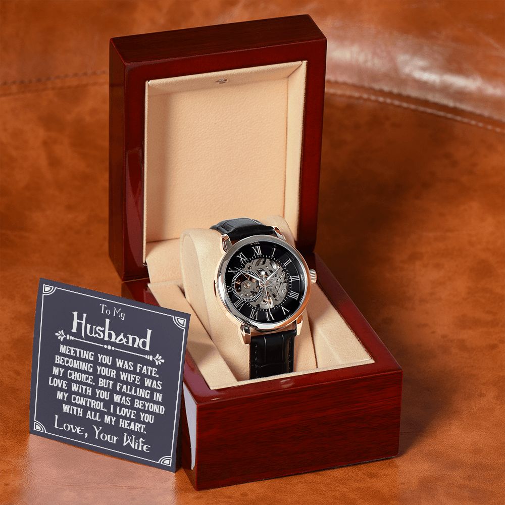 To My Husband - Meeting you was fate -Men's Openwork Watch with Mahogany Box - Template