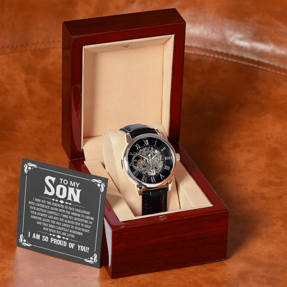 To My Son - I wish you the strength to face challenges Men's Openwork Watch with Mahogany Box - Template