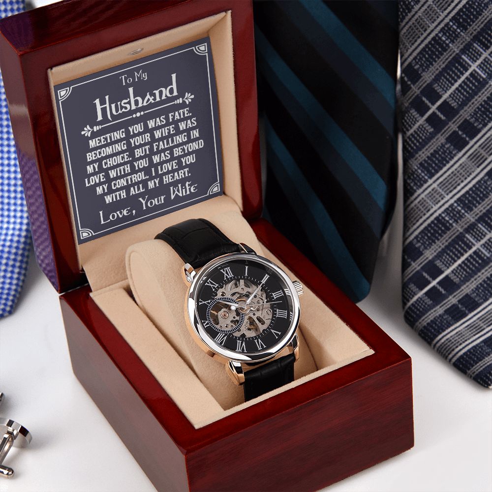 To My Husband - Meeting you was fate -Men's Openwork Watch with Mahogany Box - Template