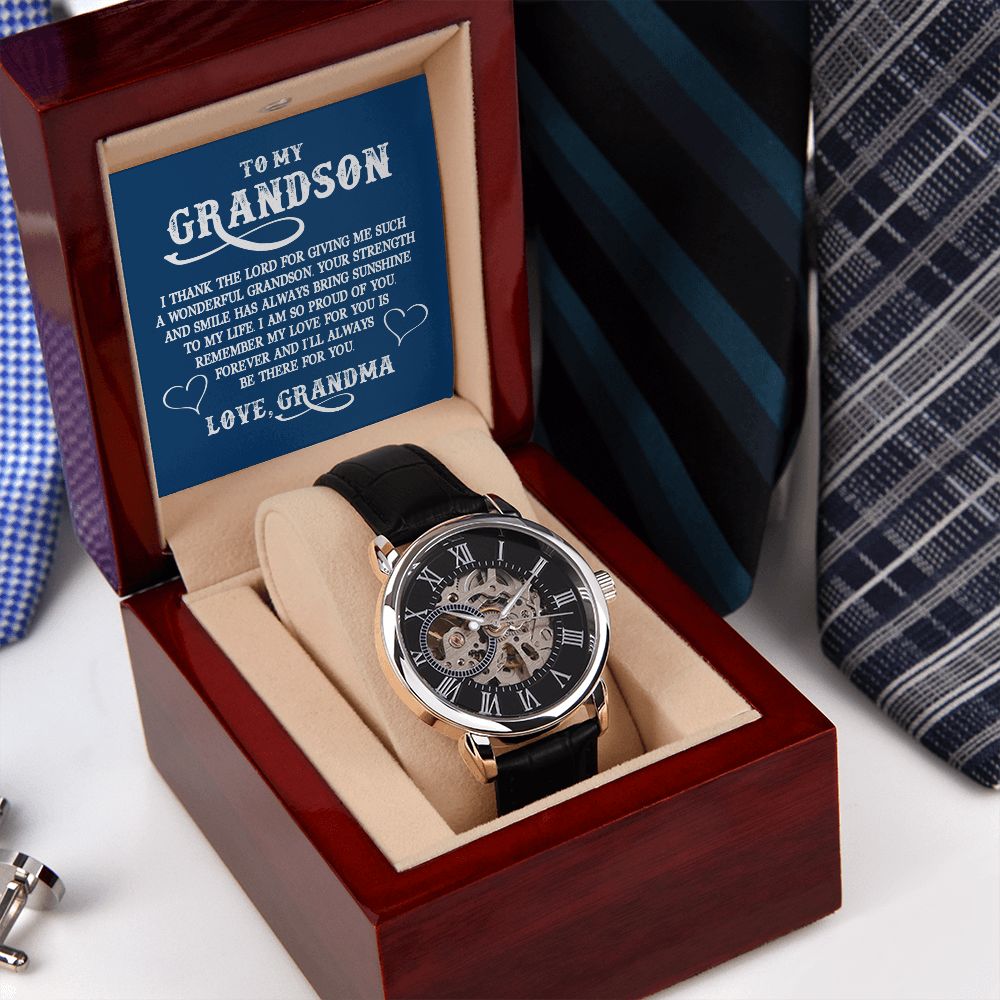 To My GrandSon - I thank The LORD for giving me such Men's Openwork Watch with Mahogany Box - Template