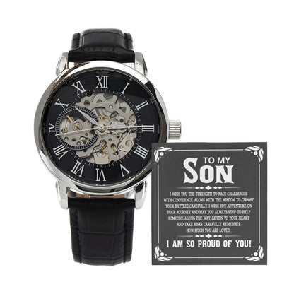 To My Son - I wish you the strength to face challenges Men's Openwork Watch with Mahogany Box - Template