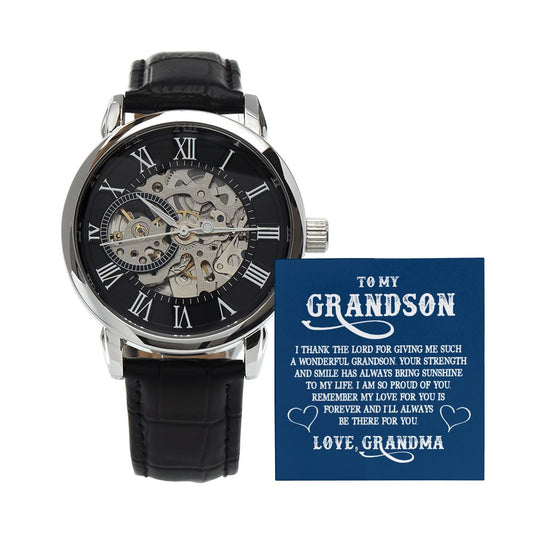 To My GrandSon - I thank The LORD for giving me such Men's Openwork Watch with Mahogany Box - Template