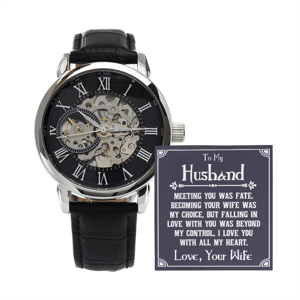 To My Husband - Meeting you was fate -Men's Openwork Watch with Mahogany Box - Template