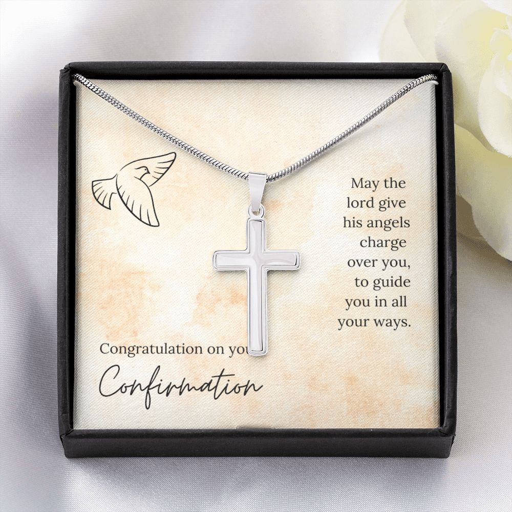 CONFIRMATION-HIS ANGELS CHARGE OVER YOU -STAINLESS STEEL CROSS NECKLACE