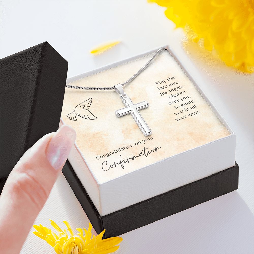 CONFIRMATION-HIS ANGELS CHARGE OVER YOU -STAINLESS STEEL CROSS NECKLACE