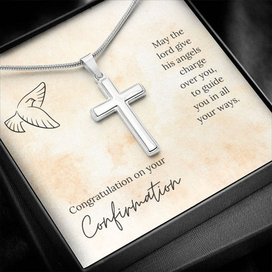 CONFIRMATION-HIS ANGELS CHARGE OVER YOU -STAINLESS STEEL CROSS NECKLACE