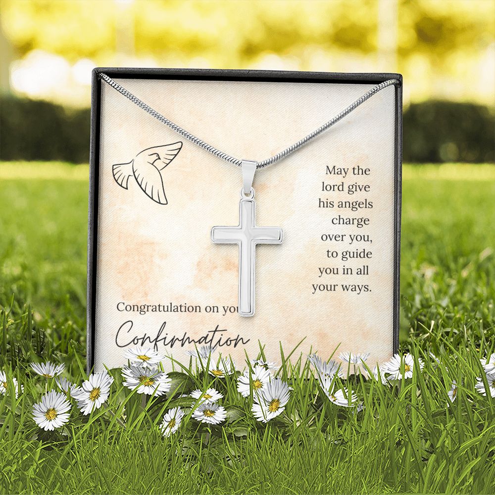 CONFIRMATION-HIS ANGELS CHARGE OVER YOU -STAINLESS STEEL CROSS NECKLACE
