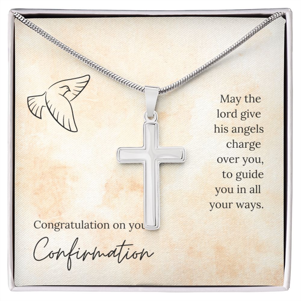 CONFIRMATION-HIS ANGELS CHARGE OVER YOU -STAINLESS STEEL CROSS NECKLACE