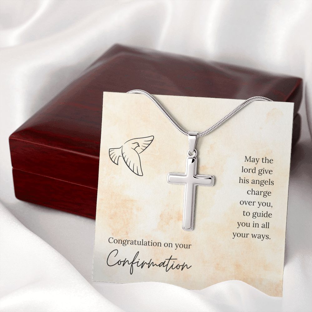 CONFIRMATION-HIS ANGELS CHARGE OVER YOU -STAINLESS STEEL CROSS NECKLACE