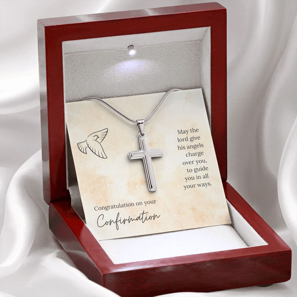 CONFIRMATION-HIS ANGELS CHARGE OVER YOU -STAINLESS STEEL CROSS NECKLACE