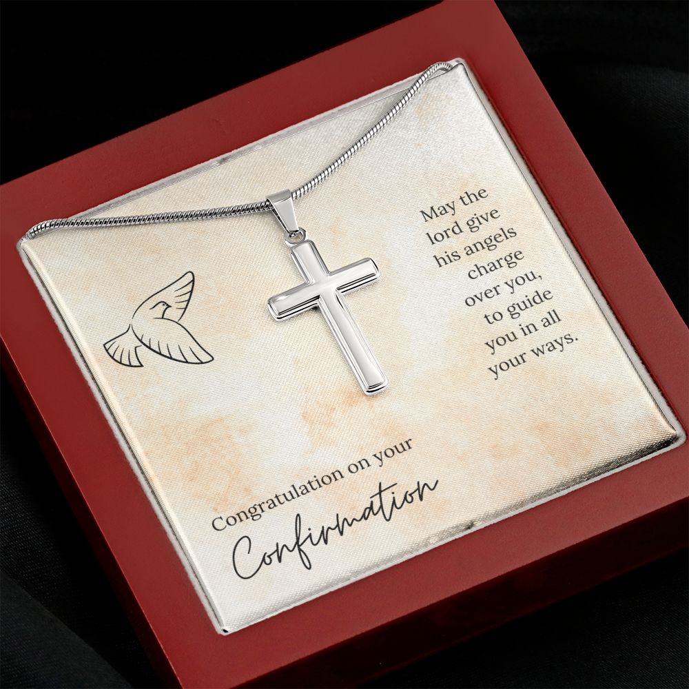 CONFIRMATION-HIS ANGELS CHARGE OVER YOU -STAINLESS STEEL CROSS NECKLACE